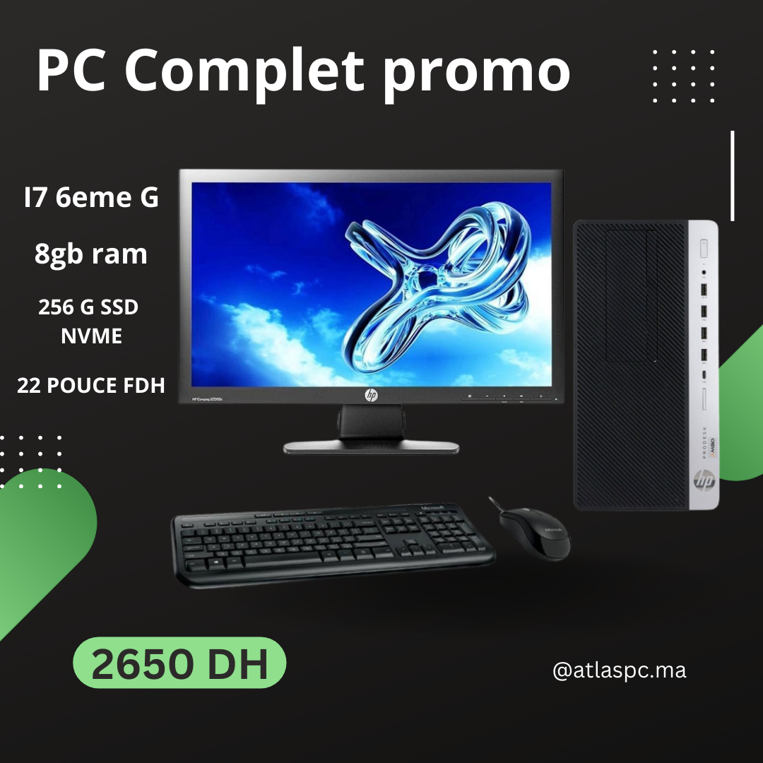 HP PRODESK 600 G3 I7 6EM 8 gb ram 256 gb ssd nvme ecran 22 pouce full hd